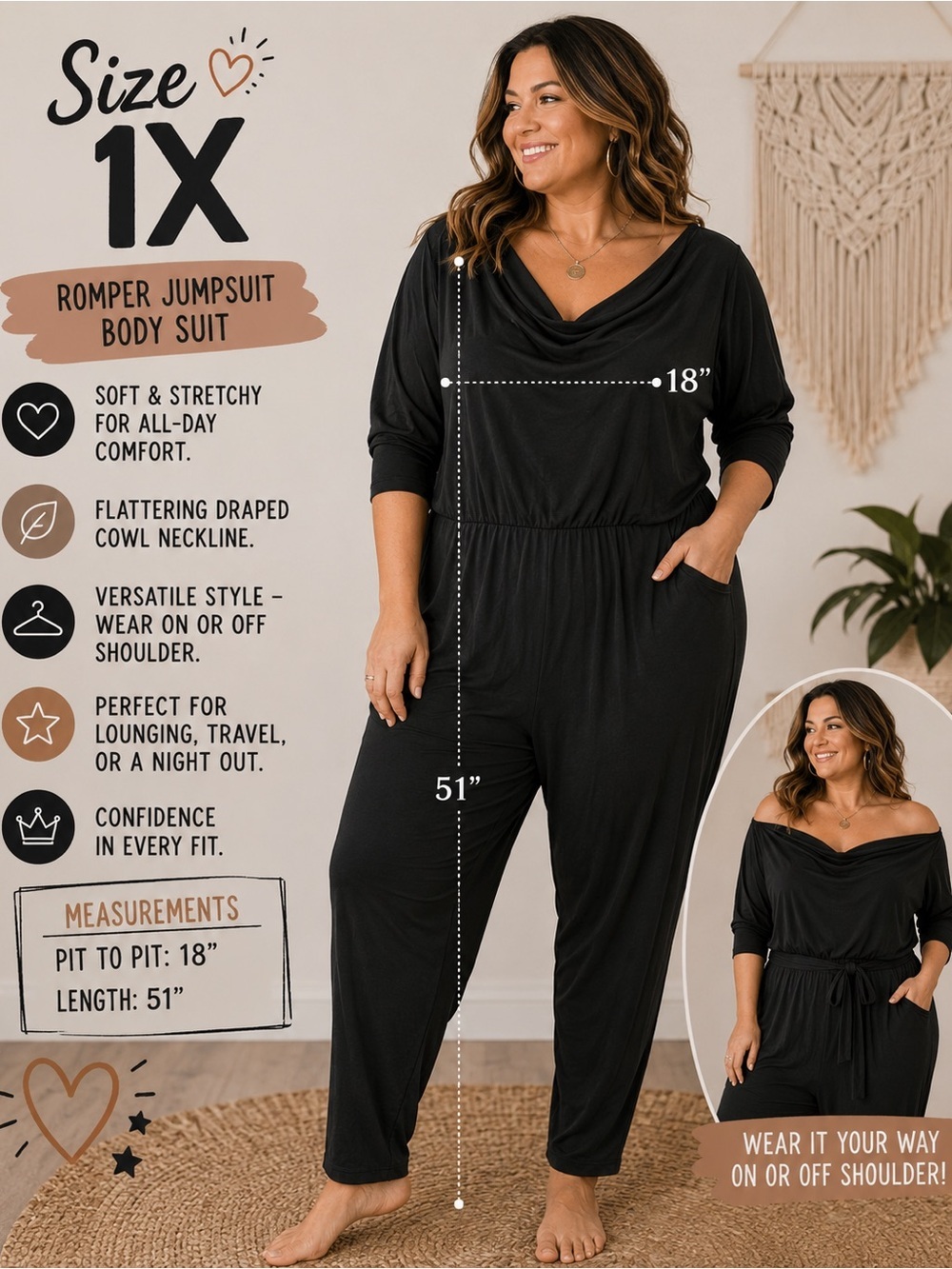 Sleek with Cowl Neck Body suit
Can be off shoulder as well pit 18”
Length 51” 1X